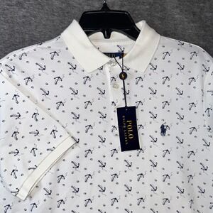 Polo Ralph Lauren Anchor Print Polo Shirt Mens Small White Nautical NEW